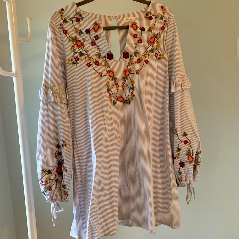 Socialite Pinstripe Dress with Floral Embroidery